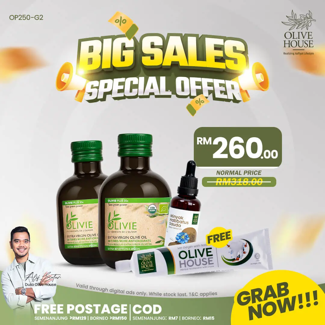 2x Olivie Plus 250ml + FREE Habbatussauda + FREE Ubat Gigi Bunga Cengkih