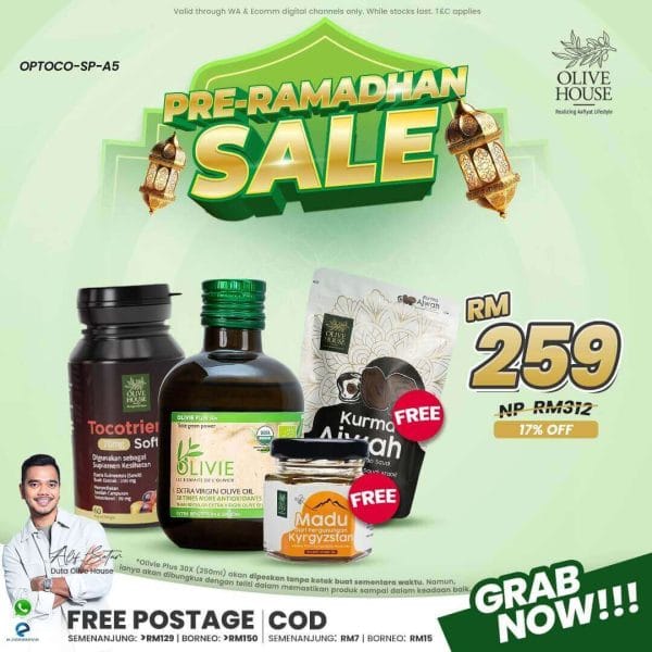 Olivie Plus 250ml + Tocotrienols + FREE Madu 50g + FREE Kurma Ajwah 200g