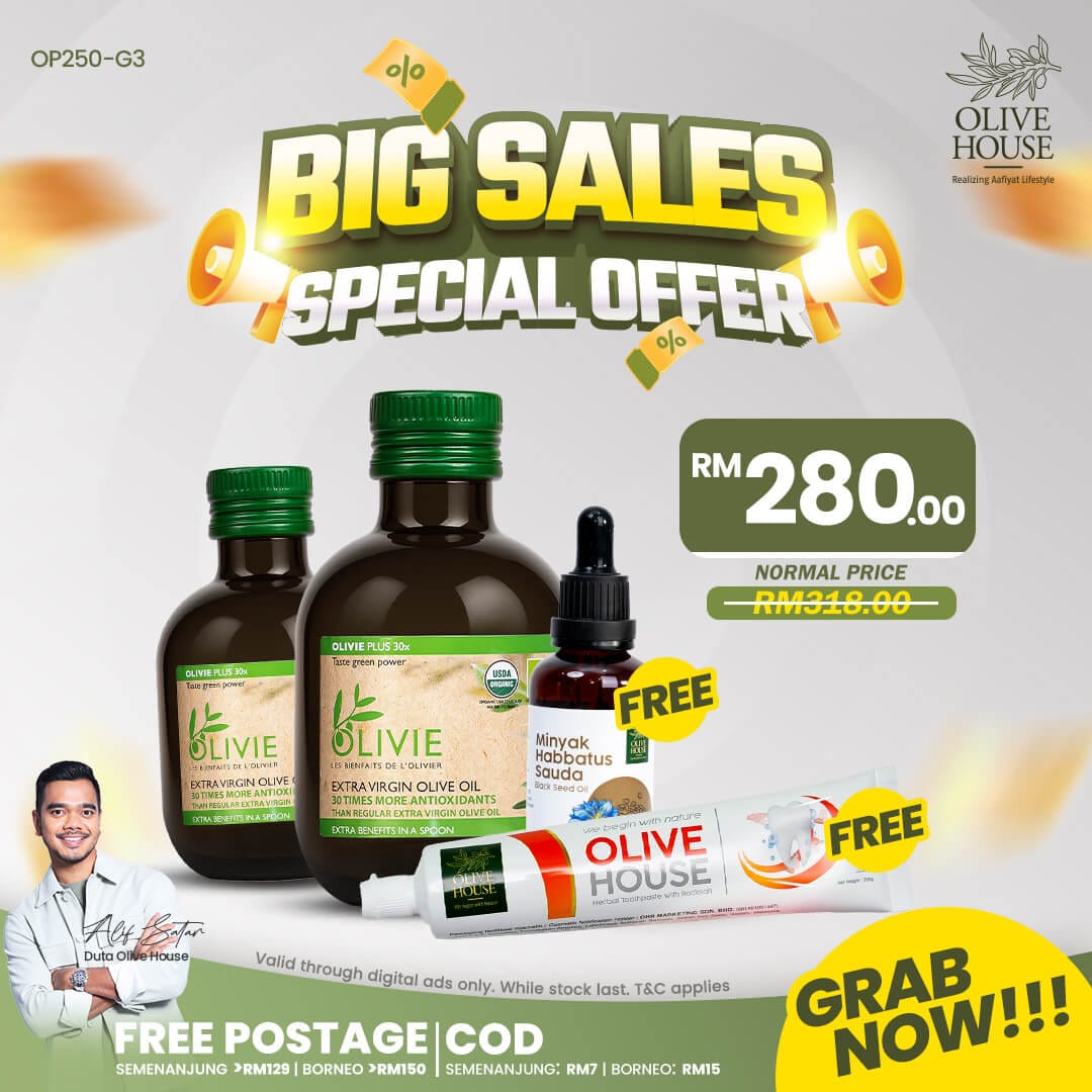 2x Olivie Plus 250ml + FREE Habbatussauda + FREE Ubat Gigi Garam Bukit