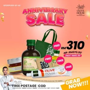 Olivie Plus 250ml + Olivie Power UP 100g + FREE Olivie Plus 50ml + FREE Ubat Gigi Garam Bukit + FREE Sabun Zaitun + FREE Bag