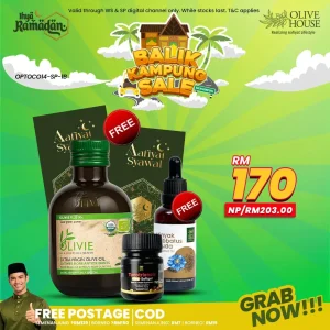 Olivie Plus 250ml + Tocotrienols Mini + FREE Habbatussauda + FREE 2 Pack Sampul Raya