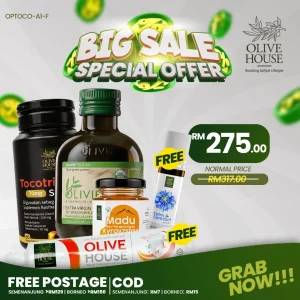 Olivie Plus 30x 250ml + Tocotrienols + Madu Kyrgyzstan + FREE Calm & Comfort + FREE Ubat Gigi Garam Bukit